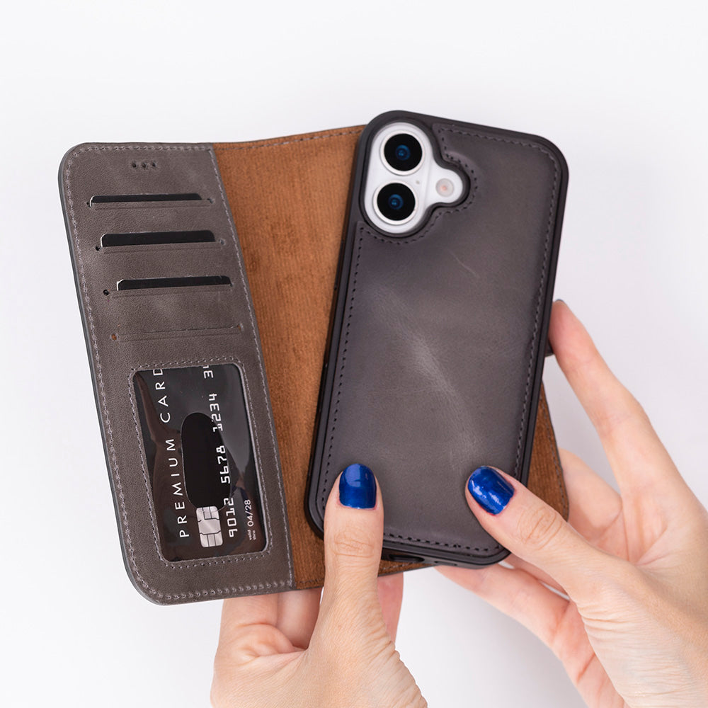 Gray Leather iPhone 17 Detachable Wallet Case