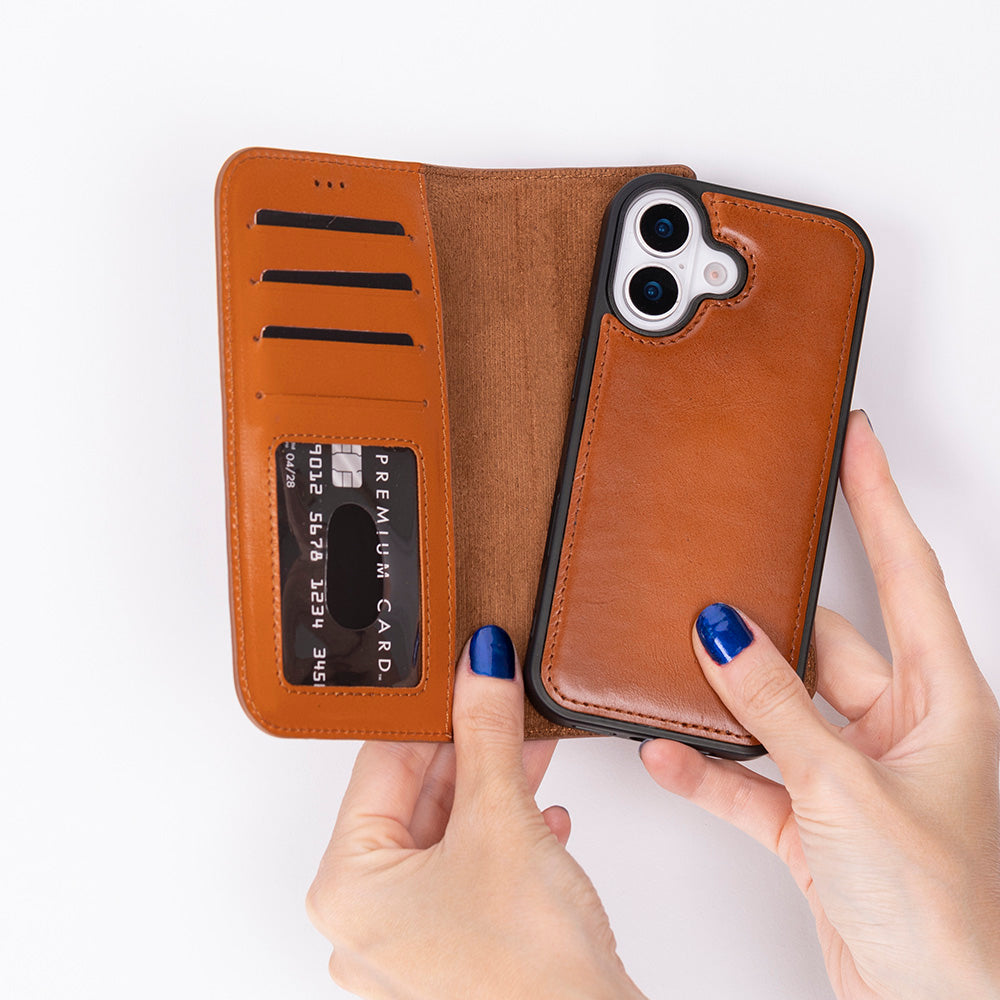 Tan Leather iPhone 17 Detachable Wallet Case