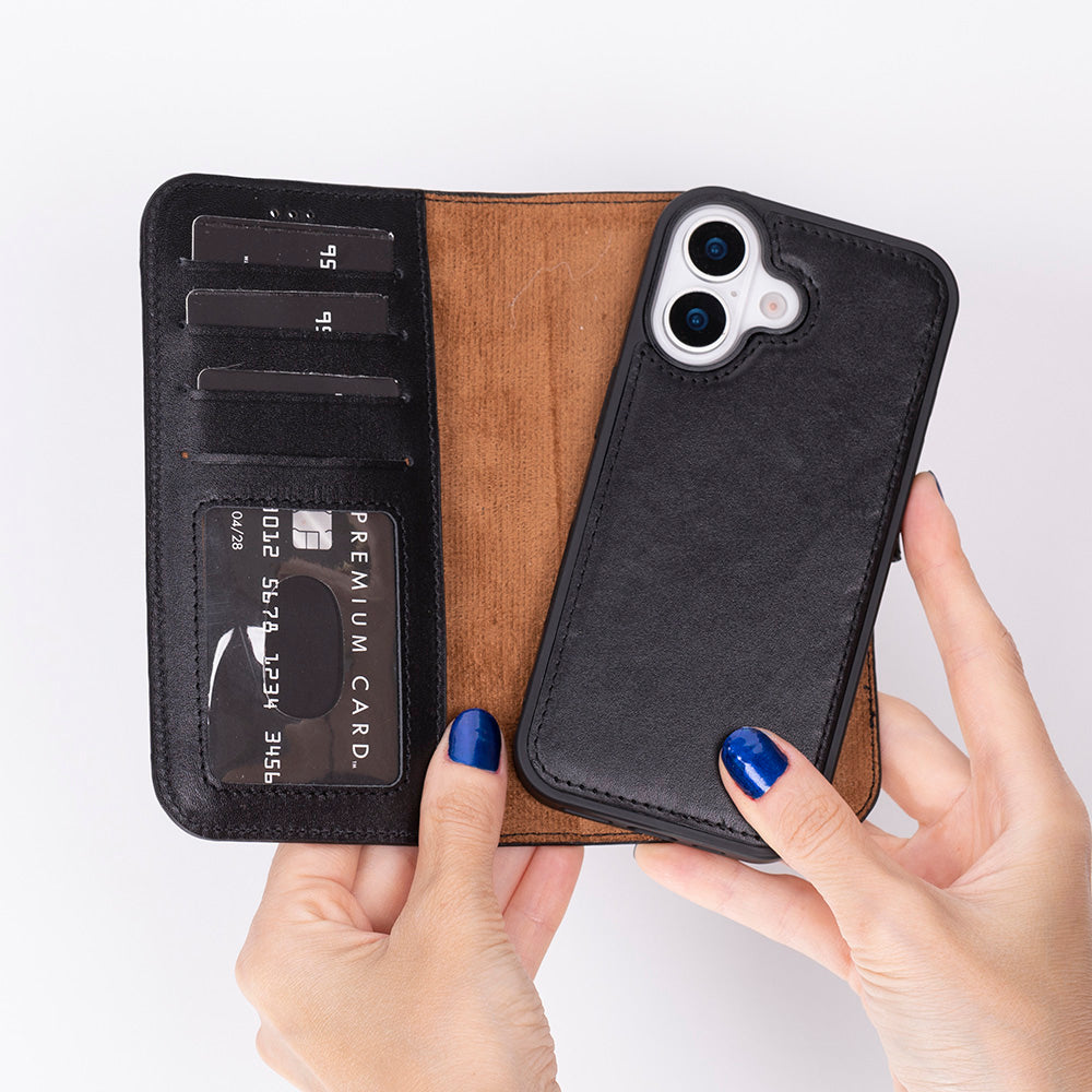 Black Leather iPhone 17 Detachable Wallet Case