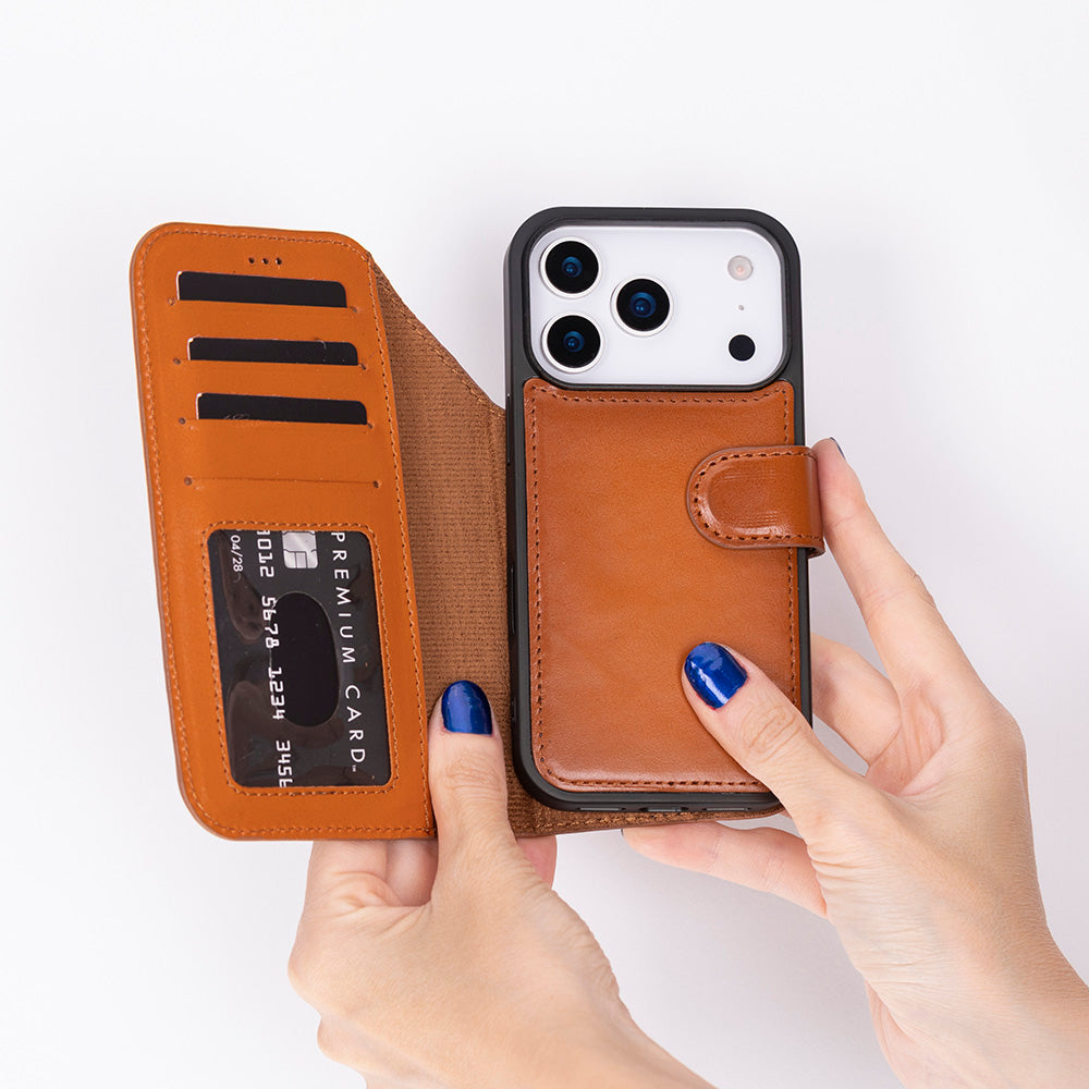 Tan Leather iPhone 17 Pro Detachable Wallet Case