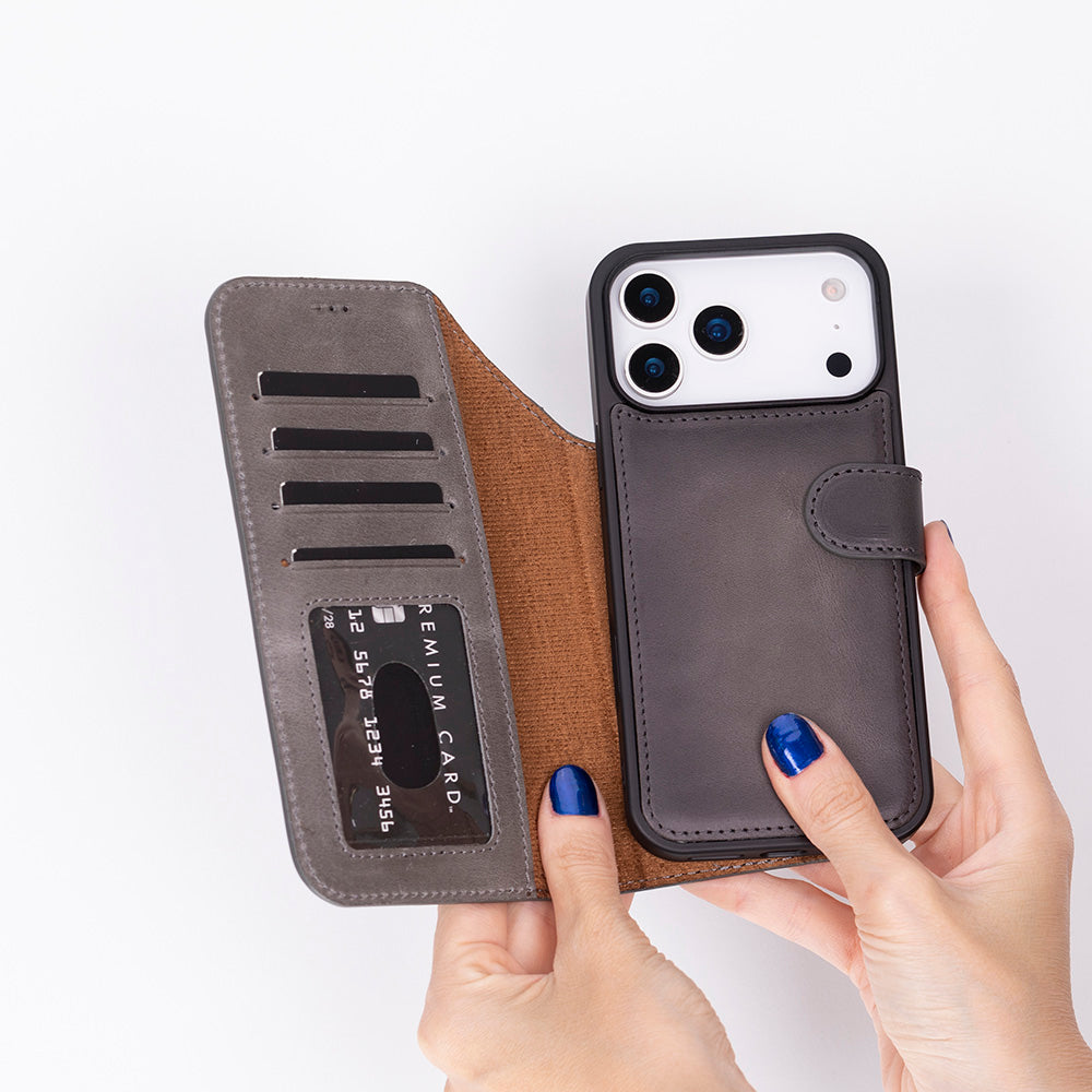 Gray Leather iPhone 17 Pro Max Detachable Wallet Case