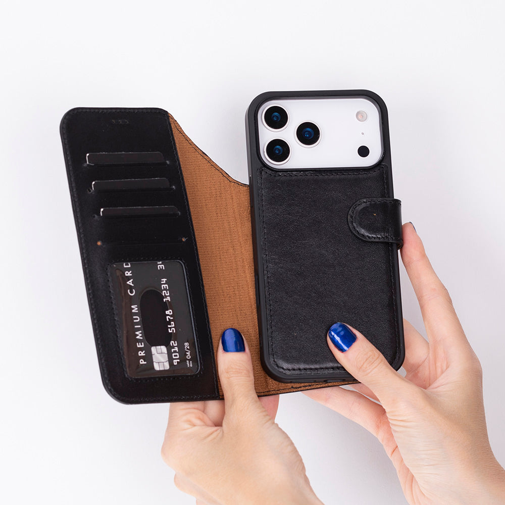 Black Leather iPhone 17 Pro Max Detachable Wallet Case