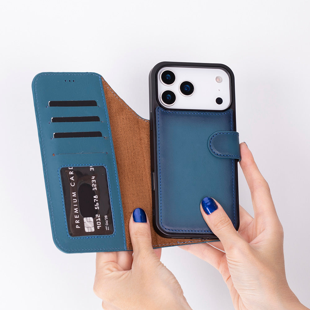 Blue Leather iPhone 17 Pro Max Detachable Wallet Case