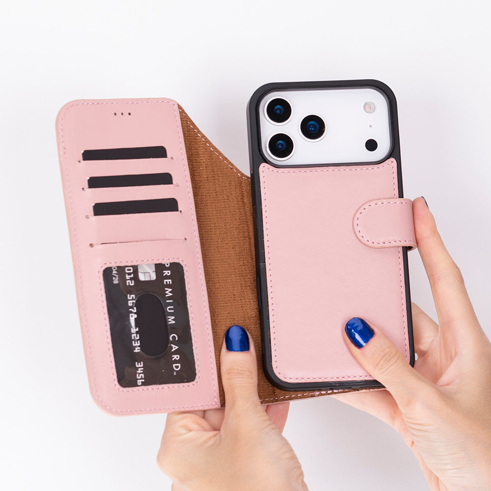 Pink Leather iPhone 17 Pro Max Detachable Wallet Case