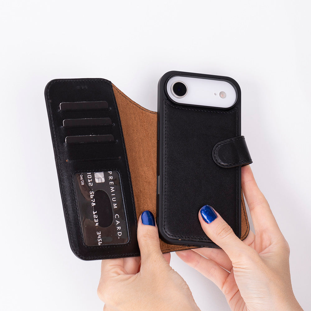 Black Leather iPhone 17 Air Detachable Wallet Case