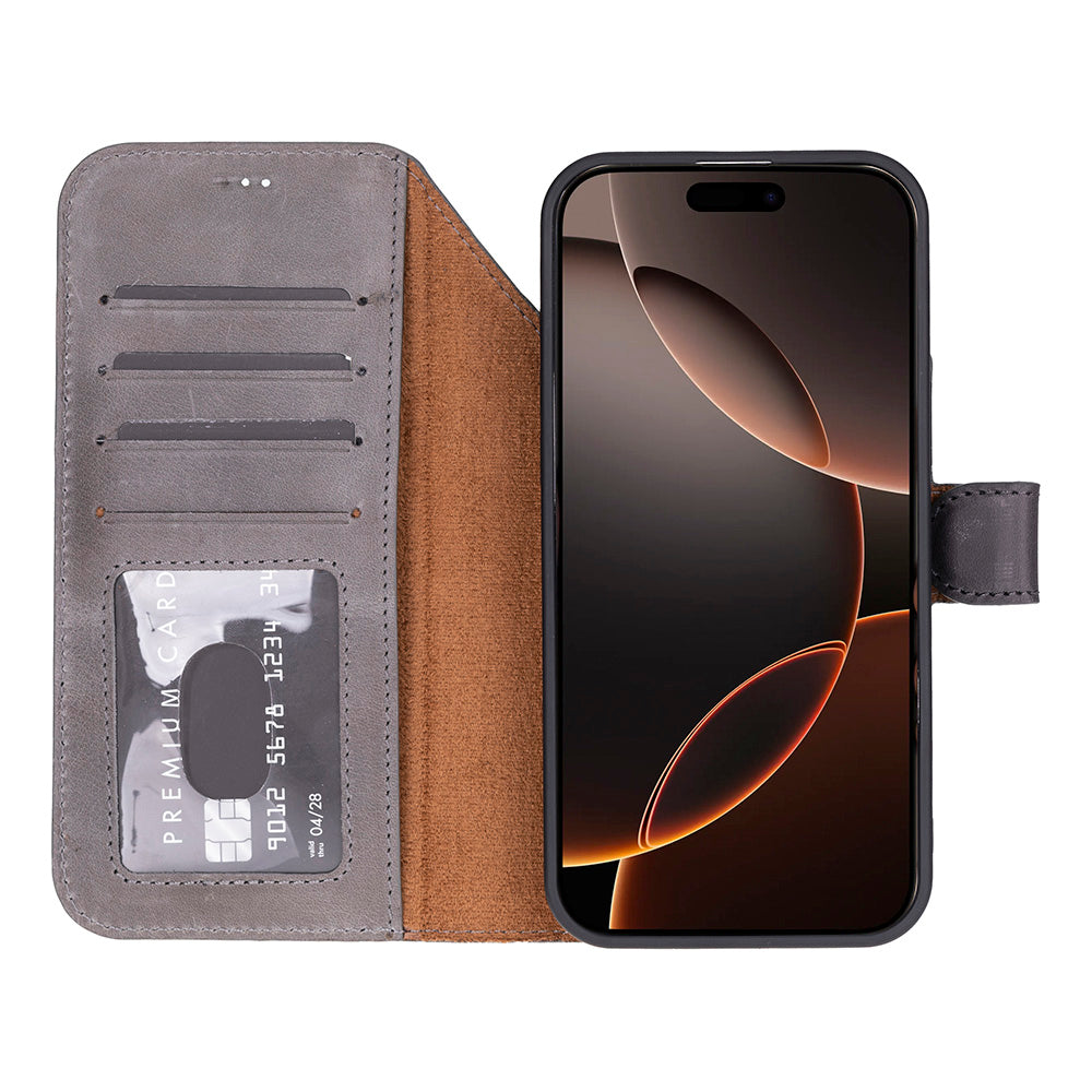 Gray Leather iPhone 17 Pro Max Detachable Wallet Case