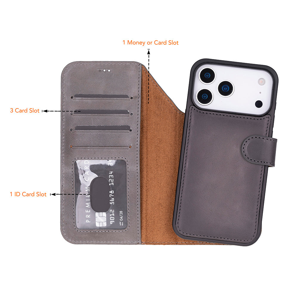 Gray Leather iPhone 17 Pro Max Detachable Wallet Case