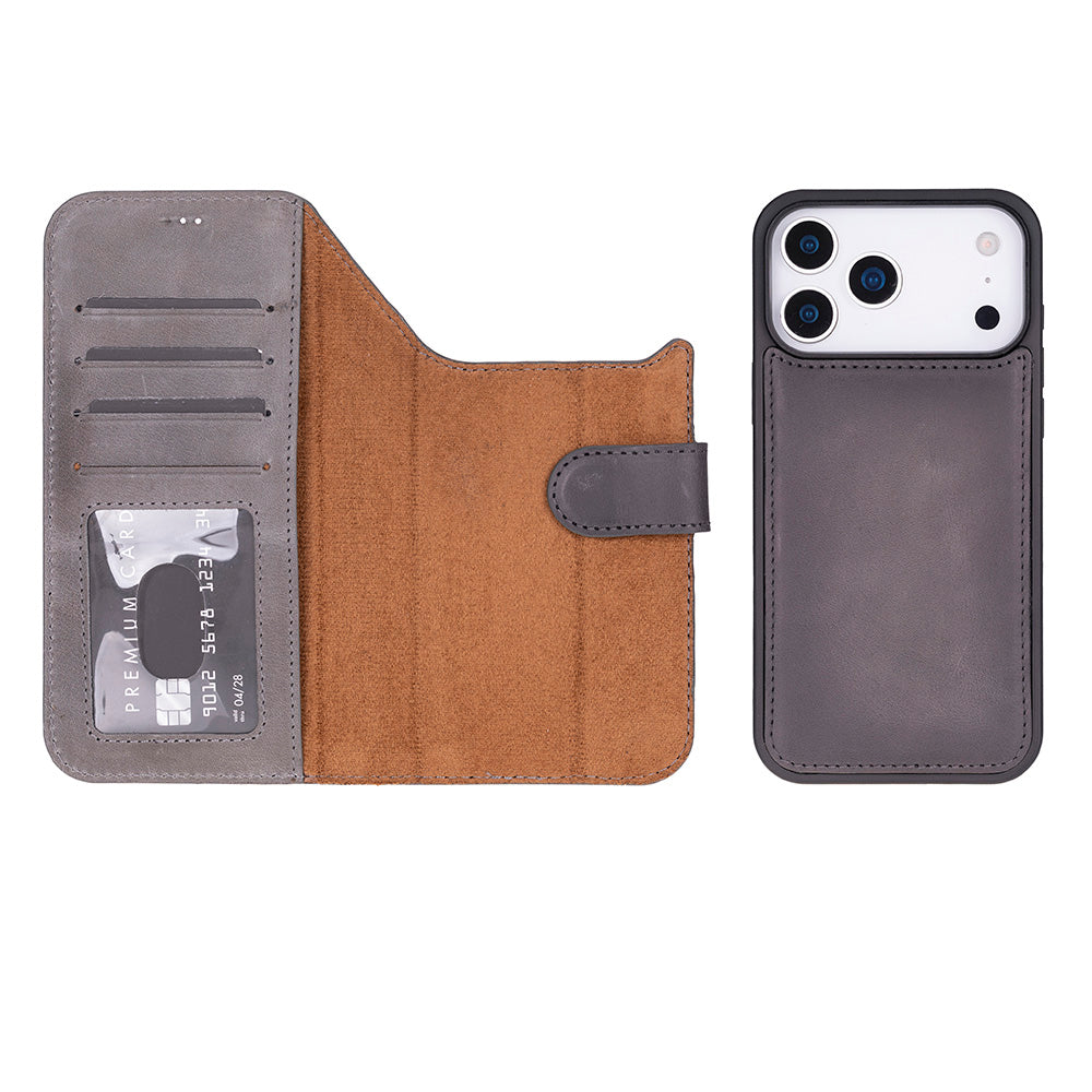 Gray Leather iPhone 17 Pro Max Detachable Wallet Case