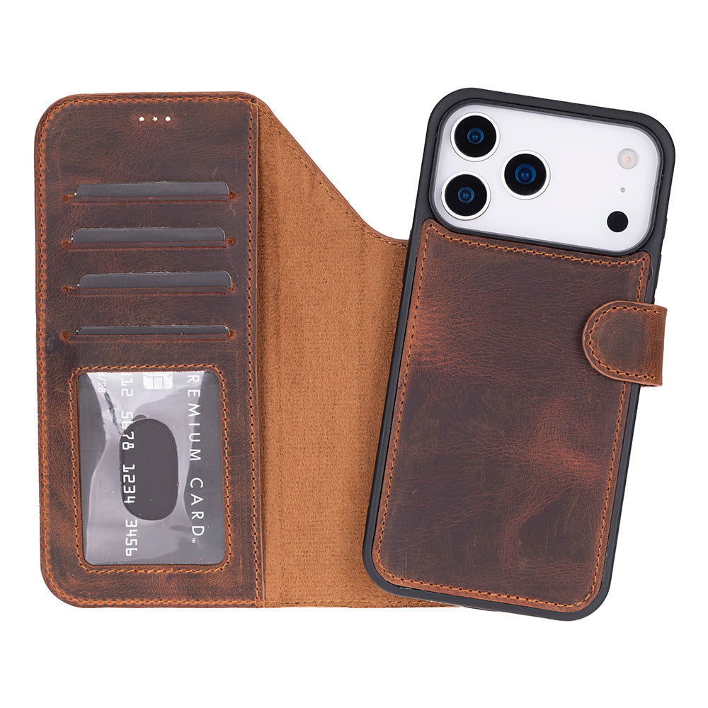 Brown leather phone case with card holder on a white background