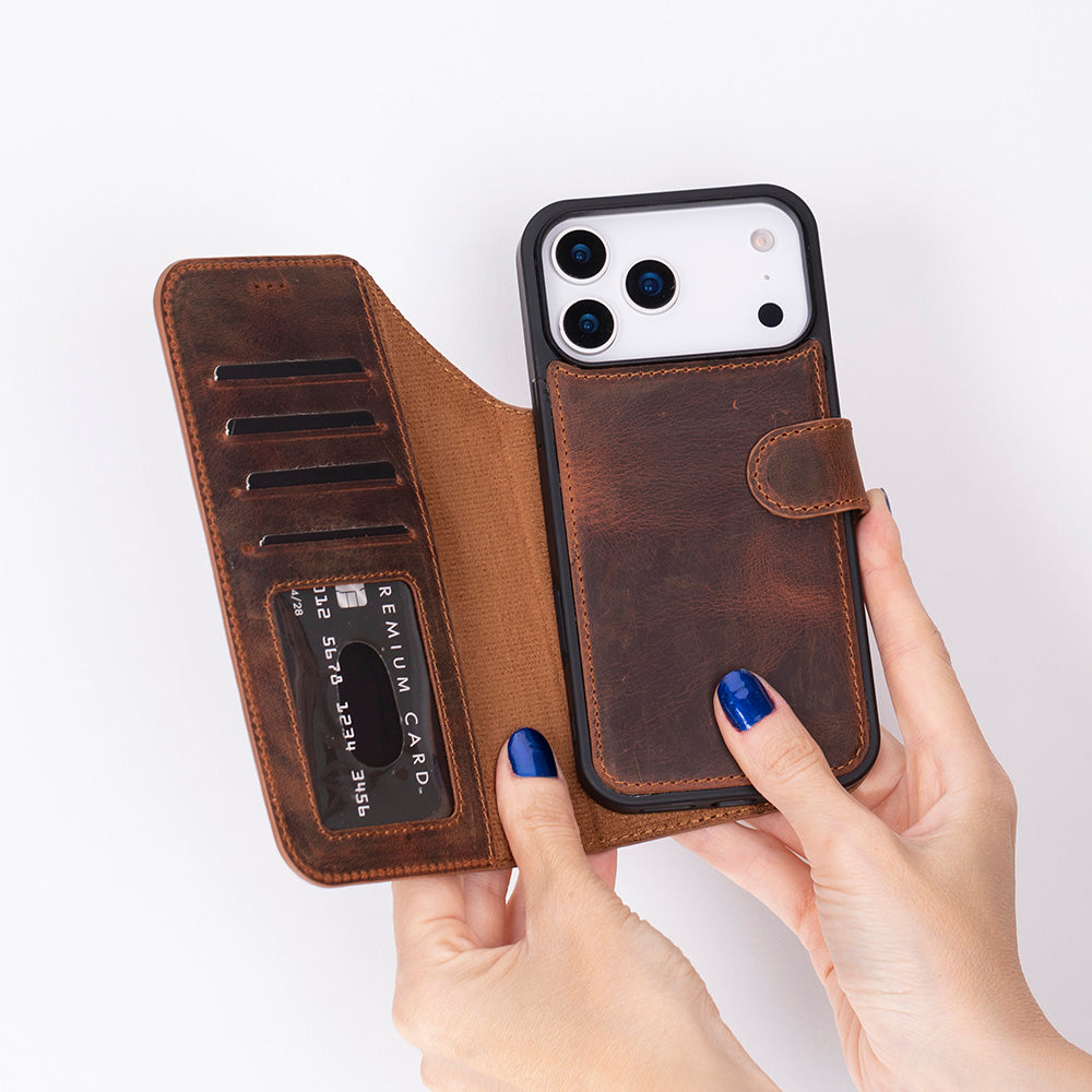 Brown Leather iPhone 17 Pro Max Detachable Wallet Case