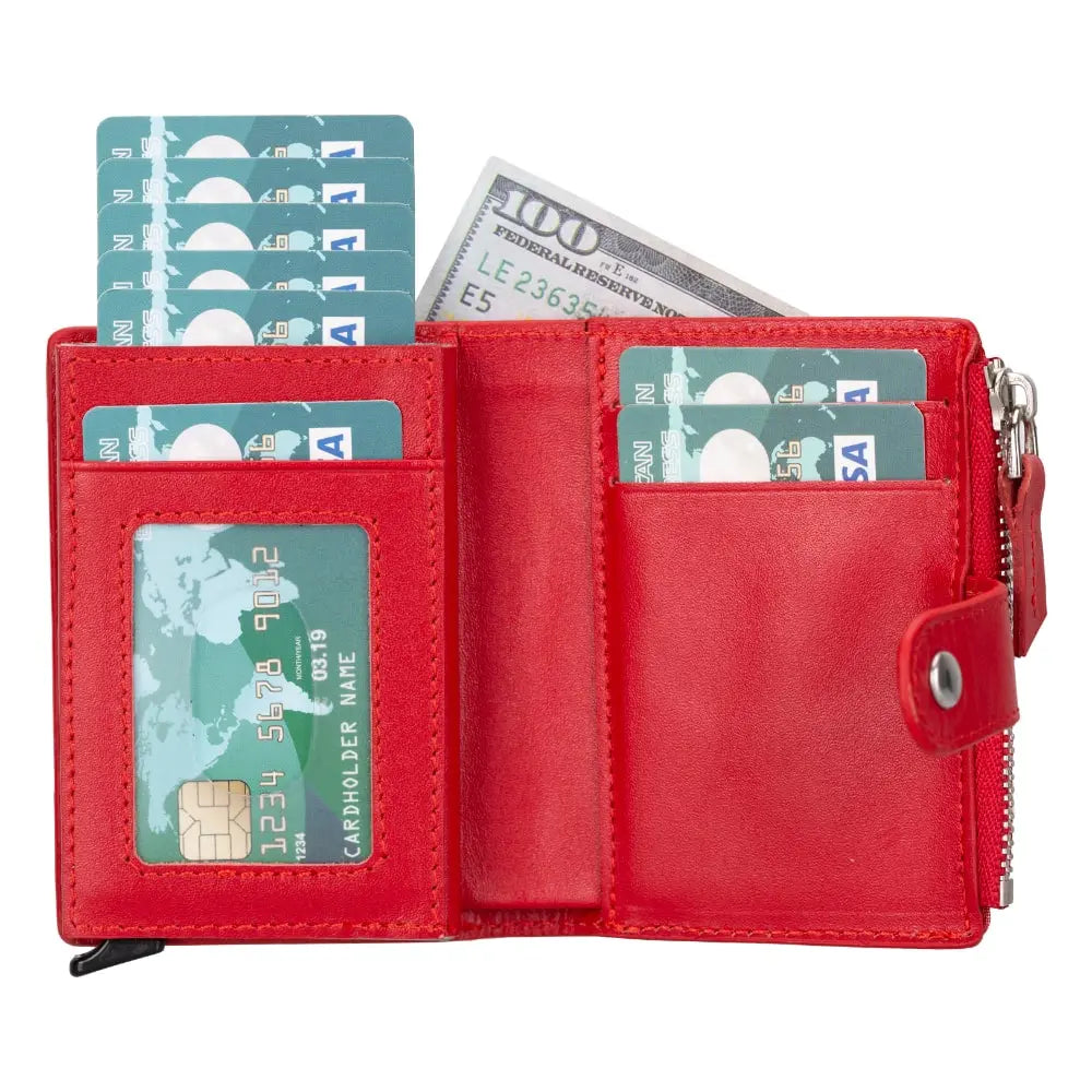 Red Leather Pop Up Card Wolder Wallet with Zipper Closure Coin Holder Slot – Bomonti