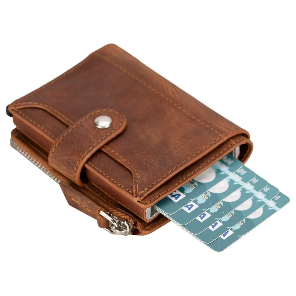 Tan Leather Pop Up Card Wolder Wallet with Zipper Closure Coin Holder Slot – Bomonti