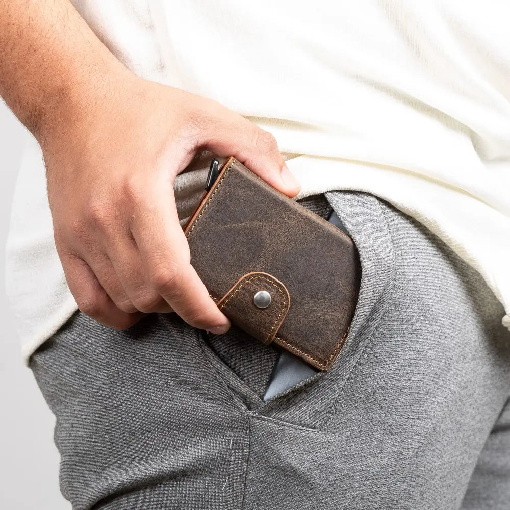 Tan Leather Pop-Up RFID Blocking Detachable Cardholder Wallet - Bomonti Goods