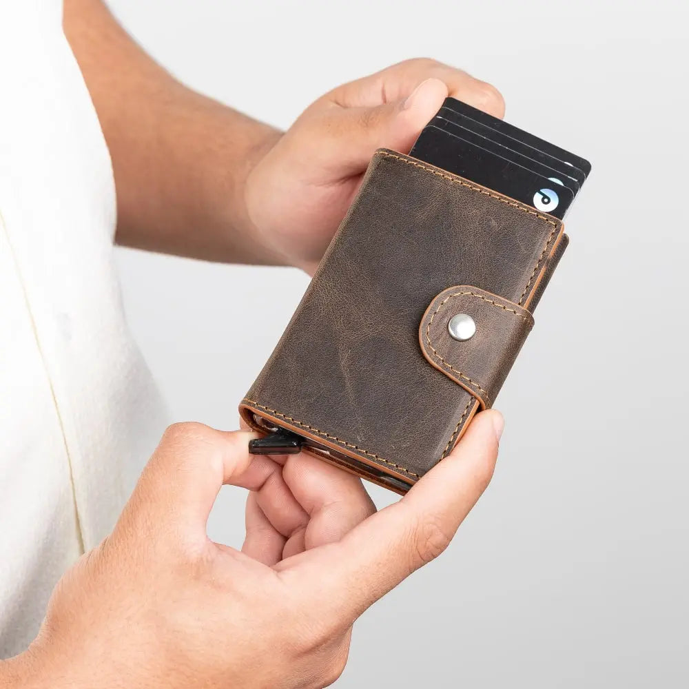 Tan Leather Pop-Up RFID Blocking Detachable Cardholder Wallet - Bomonti Goods