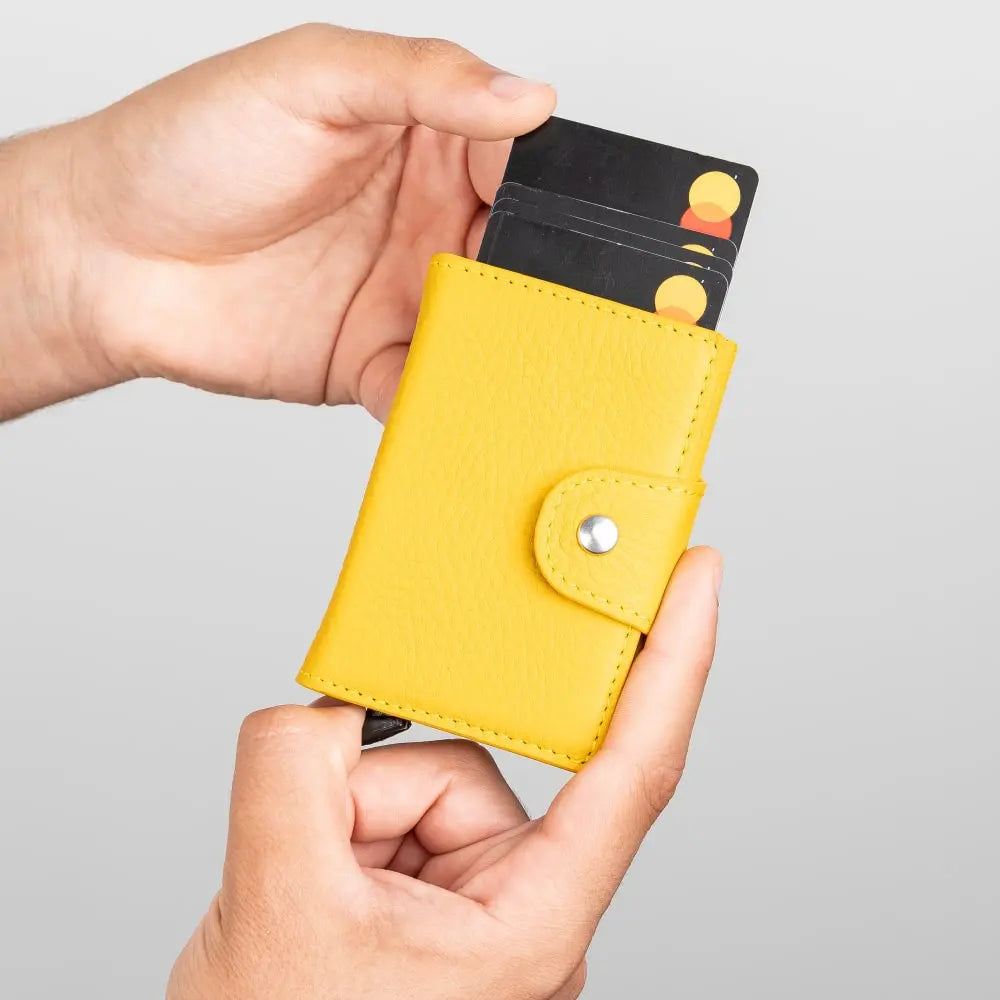 Yellow Leather Pop-Up RFID Blocking Detachable Cardholder Wallet - Bomonti Goods