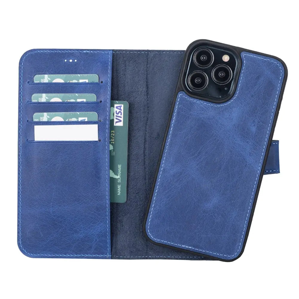 Blue Leather iPhone 15 Pro Max Detachable Card Holder Wallet Case with Magsafe-Bomonti