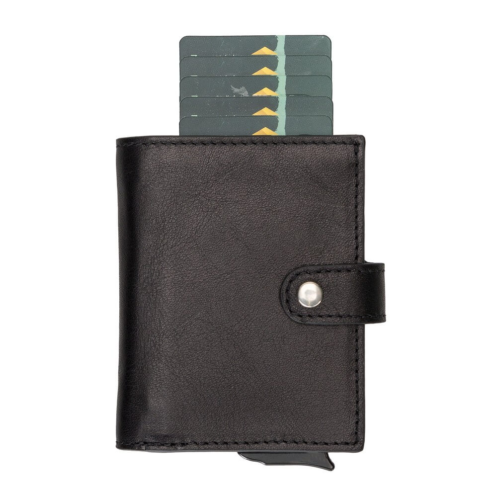 Black Leather RFID Protection Credit Debit Pop Up Card Holder Wallet Case - Bomonti - 3