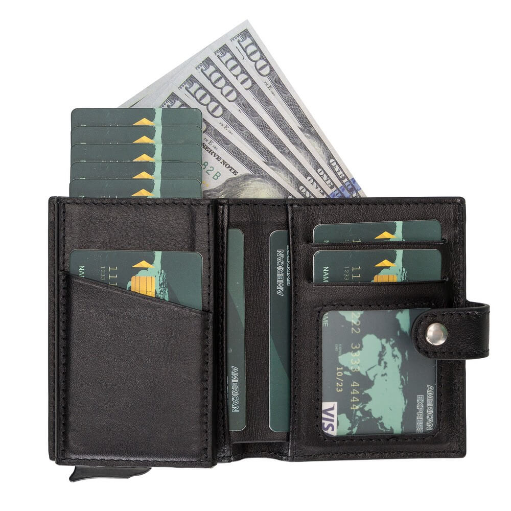 Black Leather RFID Protection Credit Debit Pop Up Card Holder Wallet Case - Bomonti - 4