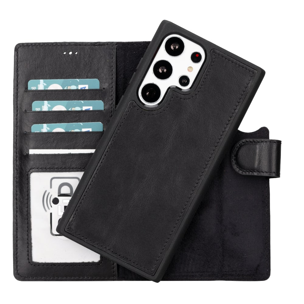 Black Leather Samsung Galaxy S23 Ultra Detachable Wallet Card Holder Cover Case - Bomonti - 3