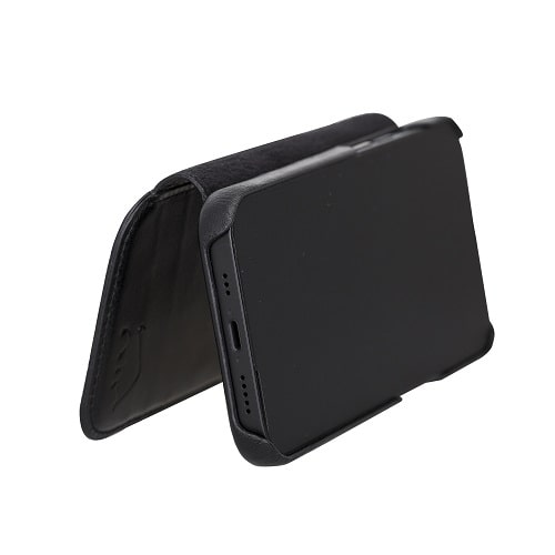 Rostar Black Leather iPhone 13 Detachable Bi-Fold Wallet Case with Mag Safe & Card Holder - Bomonti - 13