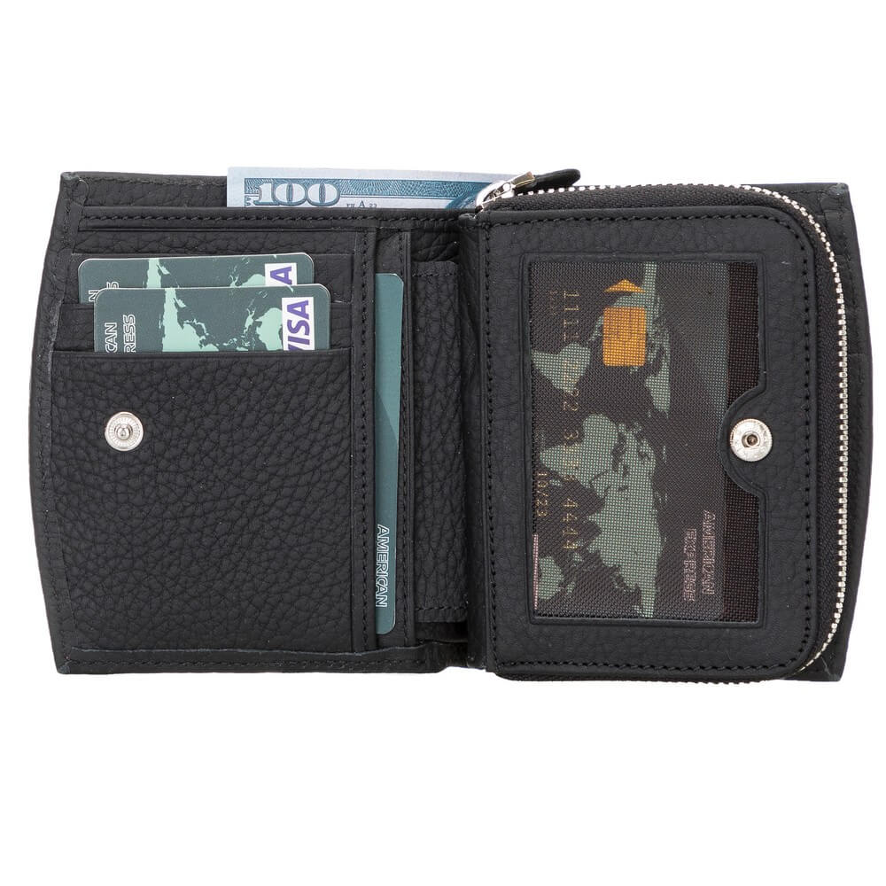 Black Luxury Leather Bifold Minimalist Wallet with Zipper coin slot - Bomonti - 1