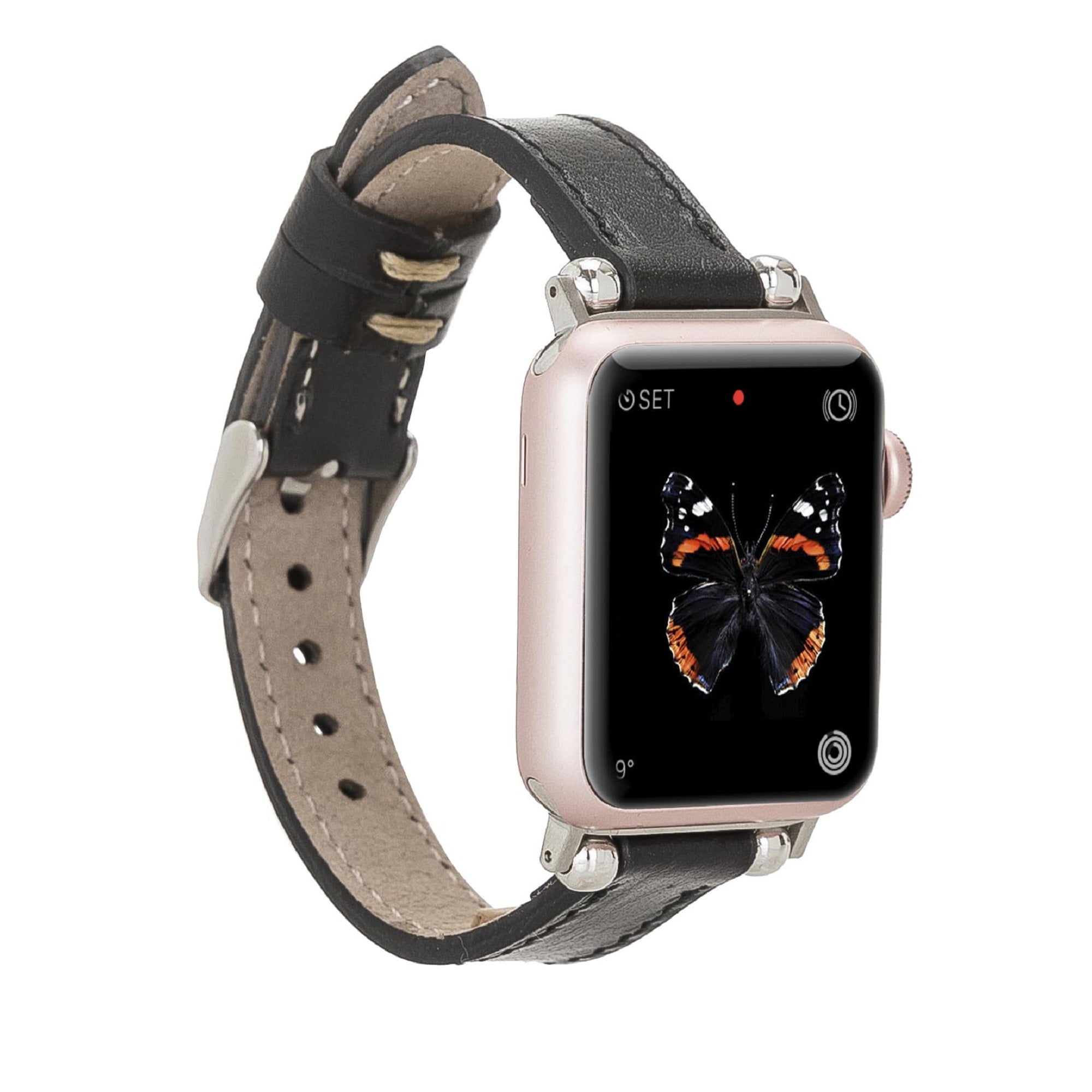 Sussex Black Genuine Leather Apple Watch Band Strap 38mm 40mm 42mm 44mm 45mm for All Series - Bomonti - 1