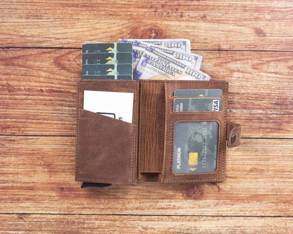 Brown Leather RFID Protection Credit Debit Pop Up Card Holder Wallet Case - Bomonti - 1