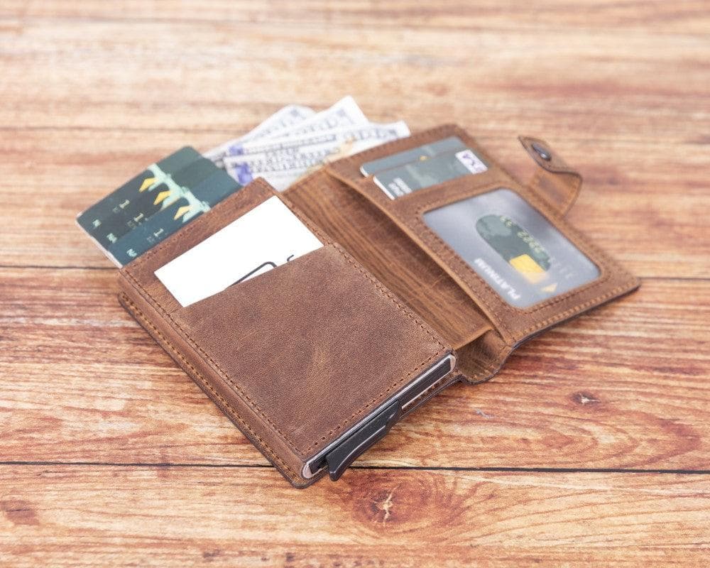 Brown Leather RFID Protection Credit Debit Pop Up Card Holder Wallet Case - Bomonti - 2