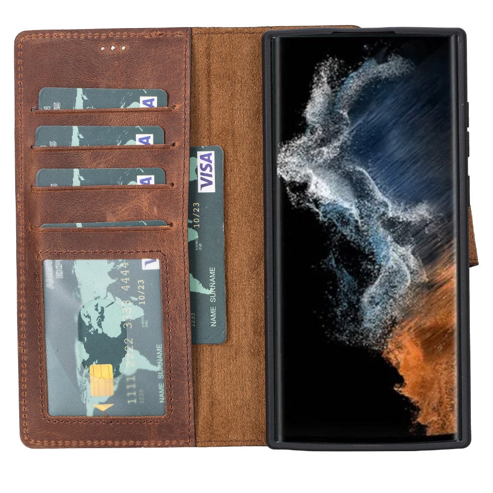 Brown Leather Samsung Galaxy S22 Ultra Wallet Case with S Pen & Card Holder - Bomonti Leather - 3