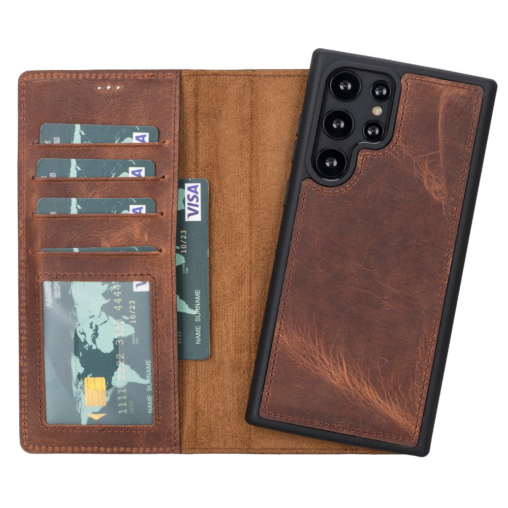 Brown Leather Samsung Galaxy S22 Ultra Wallet Case with S Pen & Card Holder - Bomonti Leather - 4