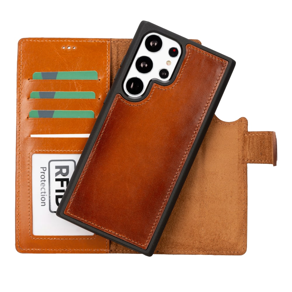 Brown Leather Samsung Galaxy S23 Ultra Detachable Wallet Card Holder Cover Case - Bomonti - 3