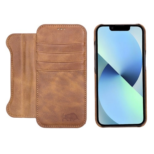 Rostar Brown Leather iPhone 13 Detachable Bi-Fold Wallet Case with Mag Safe & Card Holder - Bomonti - 13