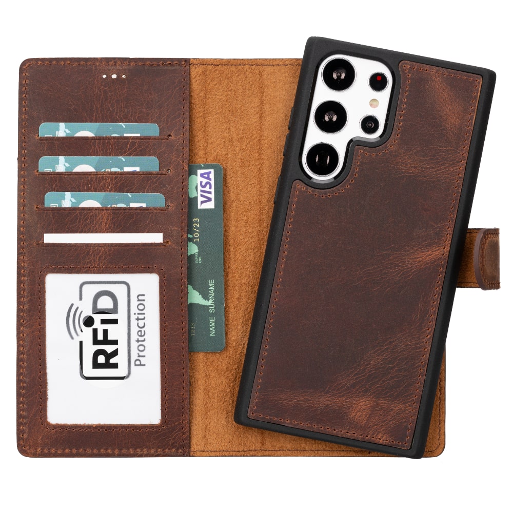 Tan Brown Leather Samsung Galaxy S23 Ultra Detachable Wallet Card Holder Cover Case - Bomonti - 1