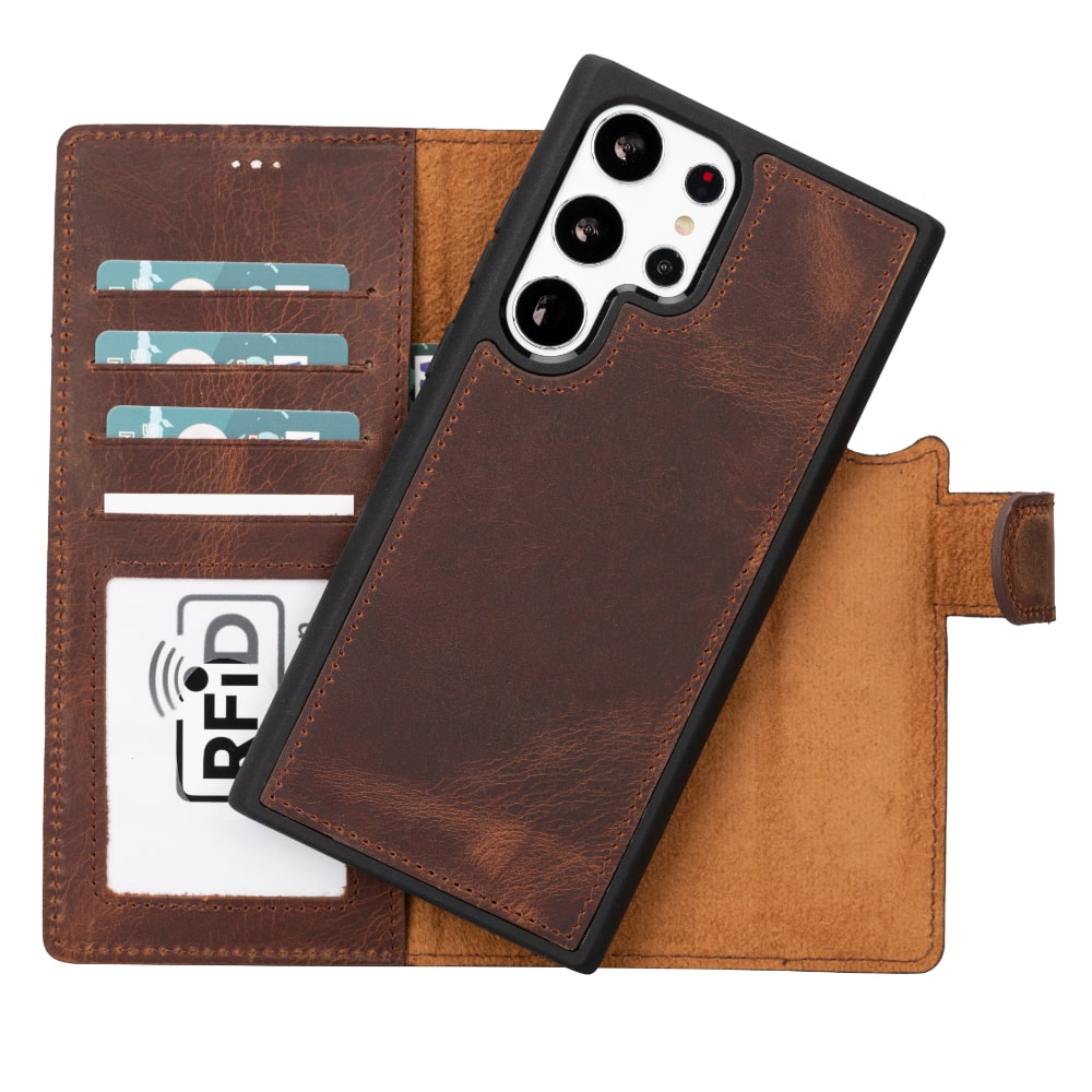 Tan Brown Leather Samsung Galaxy S23 Ultra Detachable Wallet Card Holder Cover Case - Bomonti - 3