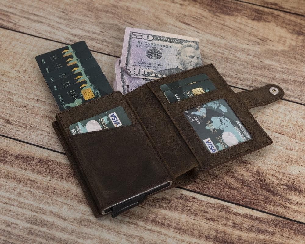 Dark Brown Leather RFID Protection Credit Debit Pop Up Card Holder Wallet Case - Bomonti - 1