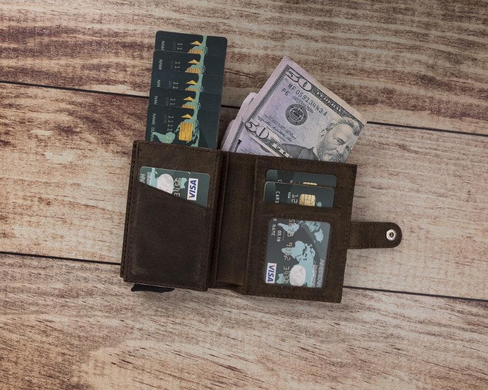 Dark Brown Leather RFID Protection Credit Debit Pop Up Card Holder Wallet Case - Bomonti - 3
