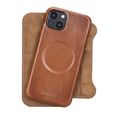 Rostar Golden Brown Leather iPhone 13 Mini Detachable Bi-Fold Wallet Case with MagSafe & Card Holder - Bomonti - 12