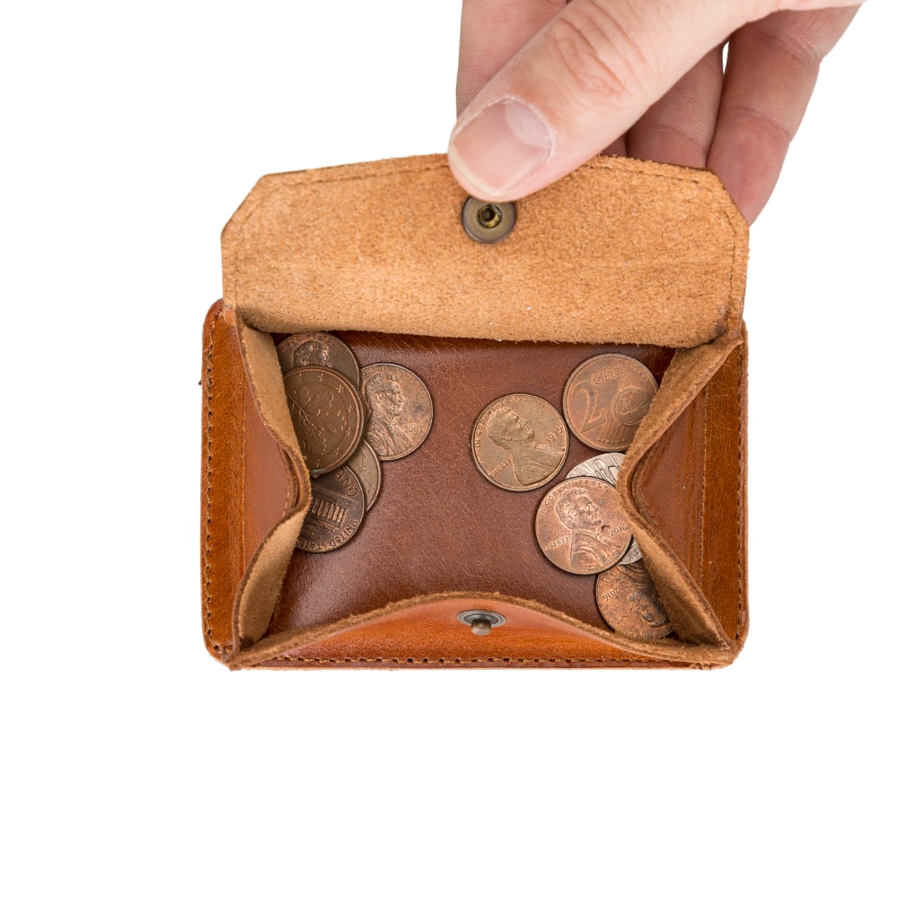Golden Brown Leather Minimalist Coin Wallet Purse - Bomonti - 7