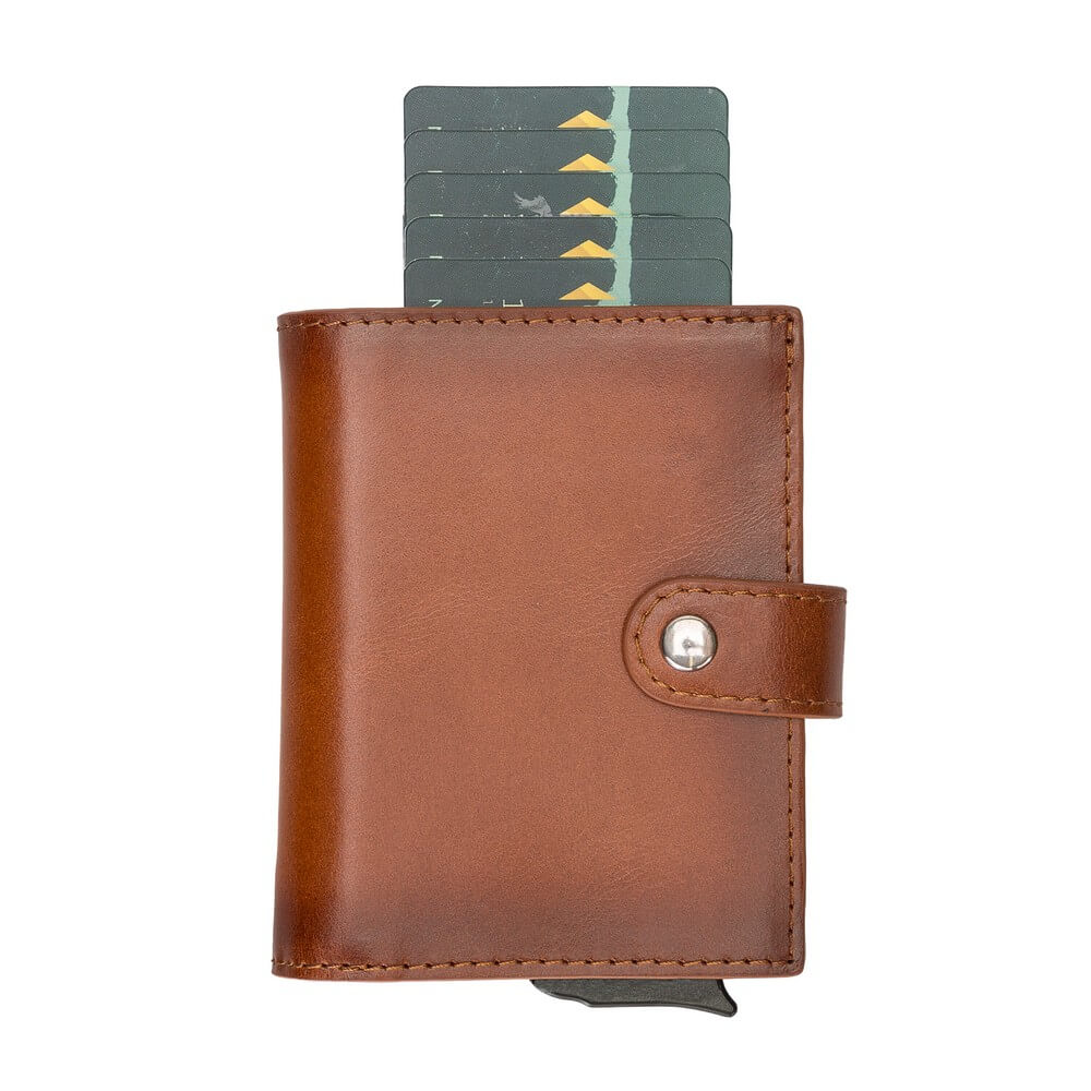 Golden Brown Leather RFID Protection Credit Debit Pop Up Card Holder Wallet Case - Bomonti - 3