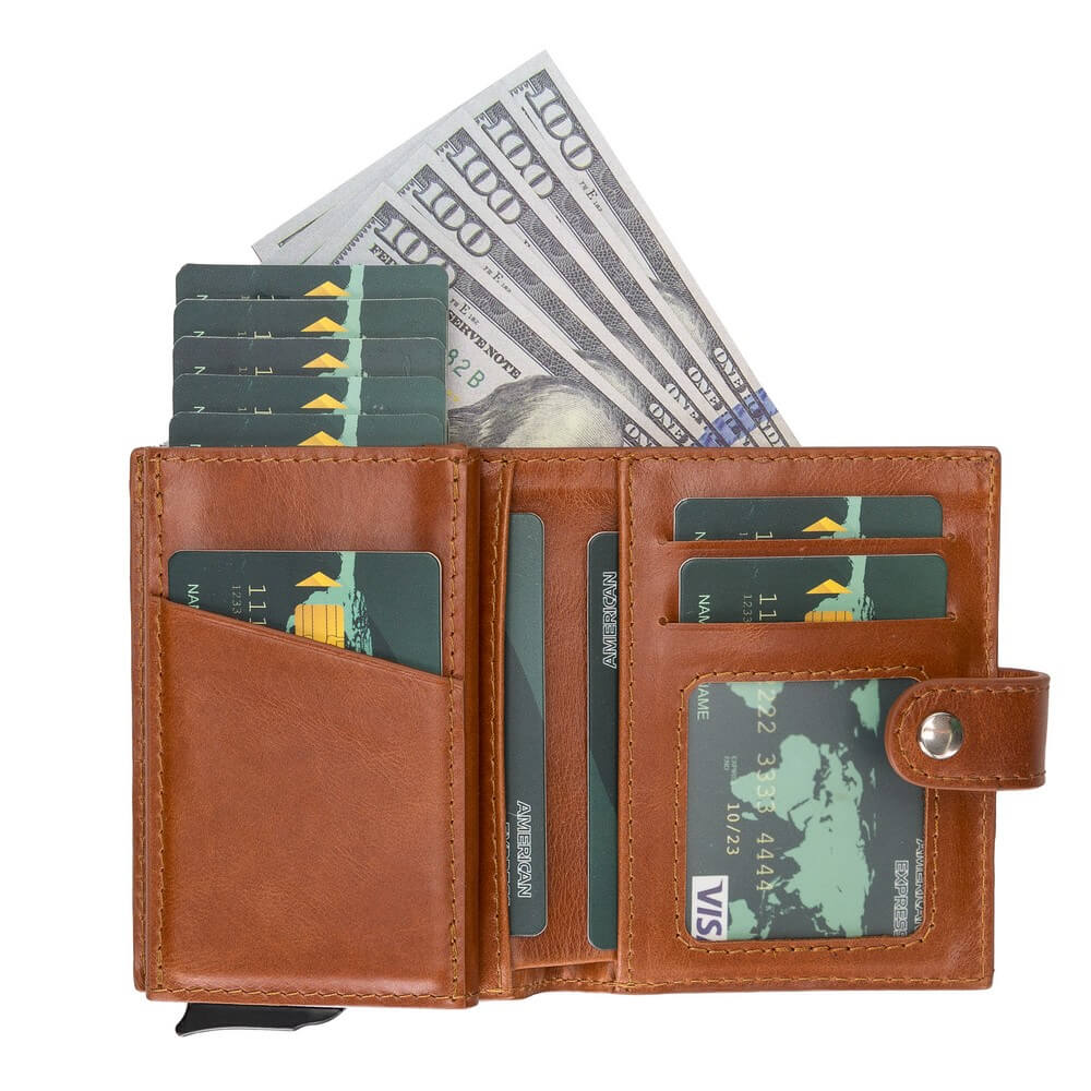 Golden Brown Leather RFID Protection Credit Debit Pop Up Card Holder Wallet Case - Bomonti - 4