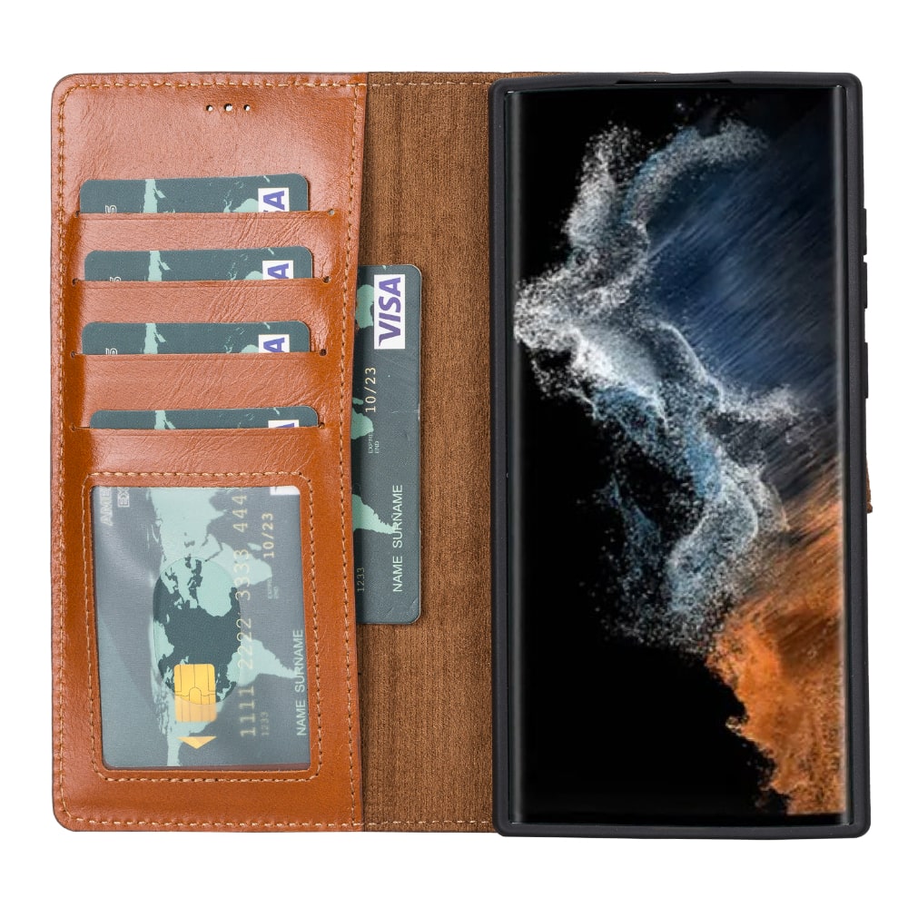 Golden Brown Leather Samsung Galaxy S22 Ultra Wallet Case with S Pen & Card Holder - Bomonti Leather - 3