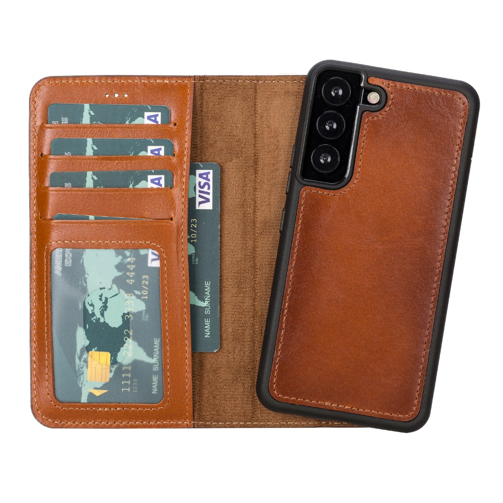 Golden Brown Leather Samsung Galaxy S22 Wallet Case with Card Holder - Bomonti Leather - 4