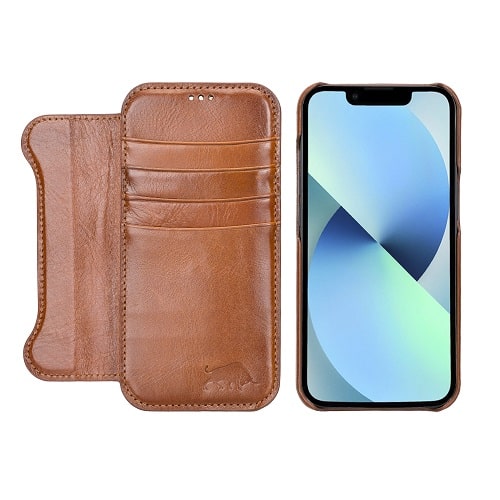 Rostar Golden Brown Leather iPhone 13 Detachable Bi-Fold Wallet Case with Mag Safe & Card Holder - Bomonti - 13