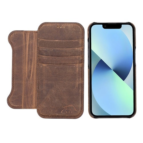 Rostar Tan Brown Leather iPhone 13 Mini Detachable Bi-Fold Wallet Case with MagSafe & Card Holder - Bomonti - 13