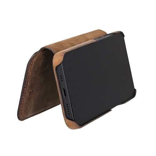 Rostar Tan Brown Leather iPhone 13 Mini Detachable Bi-Fold Wallet Case with MagSafe & Card Holder - Bomonti - 14