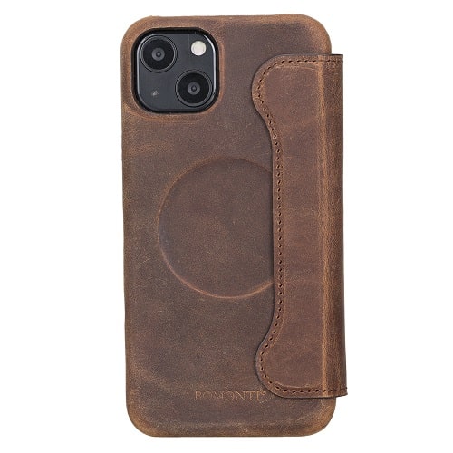 Rostar Tan Brown Leather iPhone 13 Mini Detachable Bi-Fold Wallet Case with MagSafe & Card Holder - Bomonti - 3