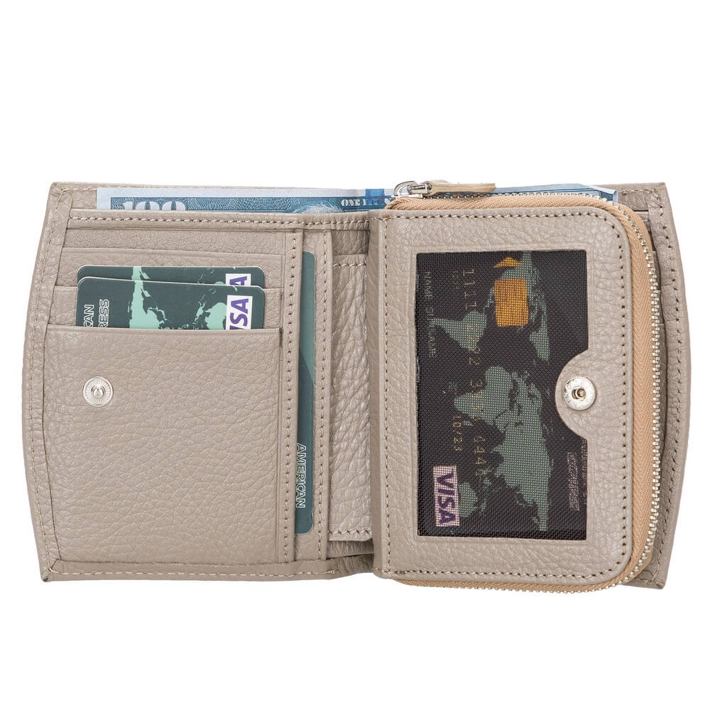 Light Gray Luxury Leather Bifold Minimalist Wallet with Zipper coin slot - Bomonti - 1