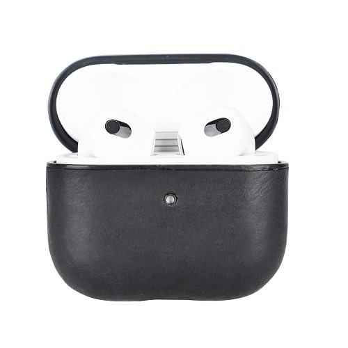 Luxury Black Leather Apple AirPods Flip Cover Case with Back Hook 3rd Generation - Bomonti - 3