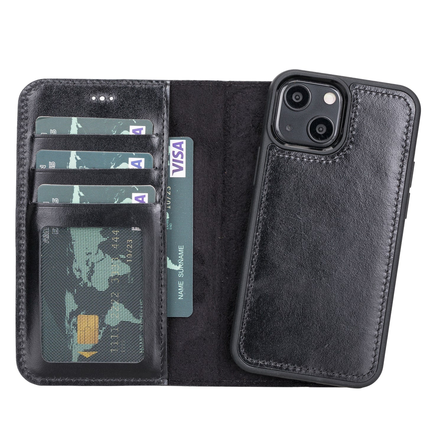 Black Leather iPhone 13 Mini Detachable Bi-Fold RFID Wallet Case with MagSafe & Card Holder - Bomonti - 1