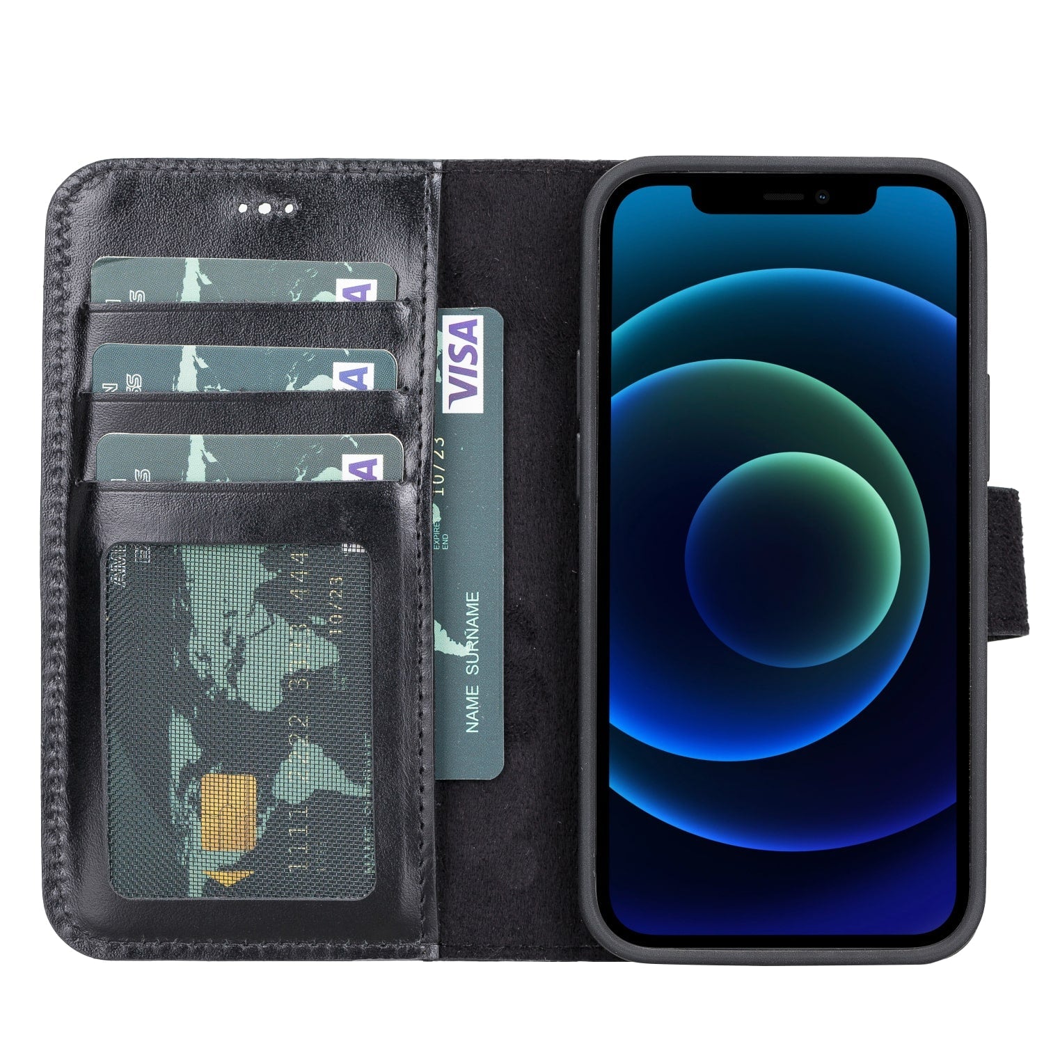 Black Leather iPhone 13 Mini Detachable Bi-Fold RFID Wallet Case with MagSafe & Card Holder - Bomonti - 2